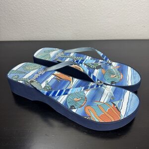 Brighton Cove Scoop Platform Flip Flops Wedge Sandal Seahorse Fish Blue 10